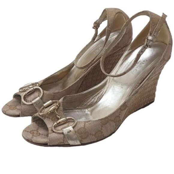 Gucci Gold Wedge Horsebit Espadrille Sandal Carolina Platform Beige 6.5B‎ - Picture 1 of 8